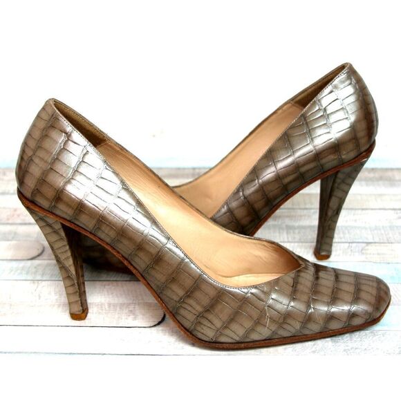 EMPORIO ARMANI PEARL BEIGE CROCO GENUINE LEATHER HIGH HEEL PUMP SHOES 38.5 8.5 - Picture 1 of 10